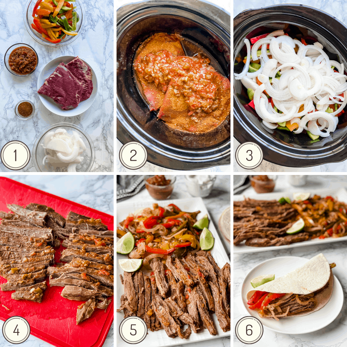 Step by step collage showing the instructions on how to make slow cooker steak fajitas