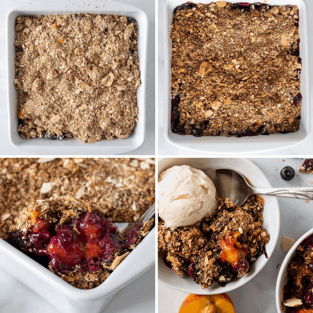 another step by step collage showing the last steps to baking a blueberry peach crisp.