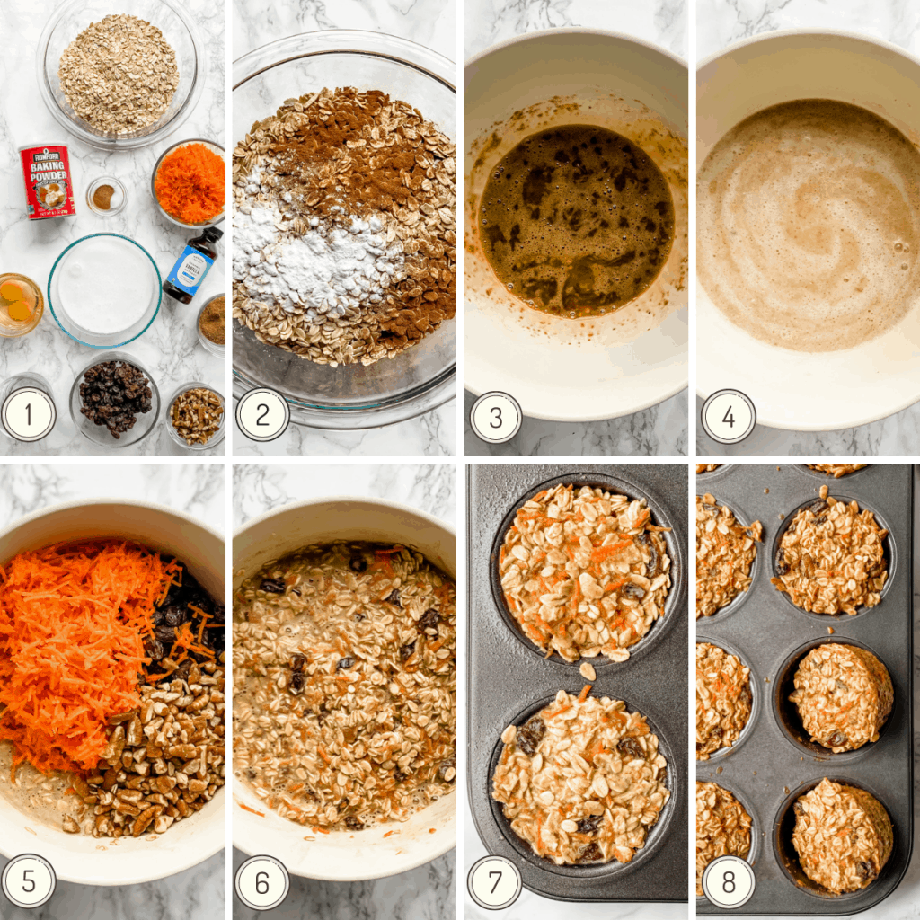 step by step collage showing how to make carrot cake baked oatmeal cups.