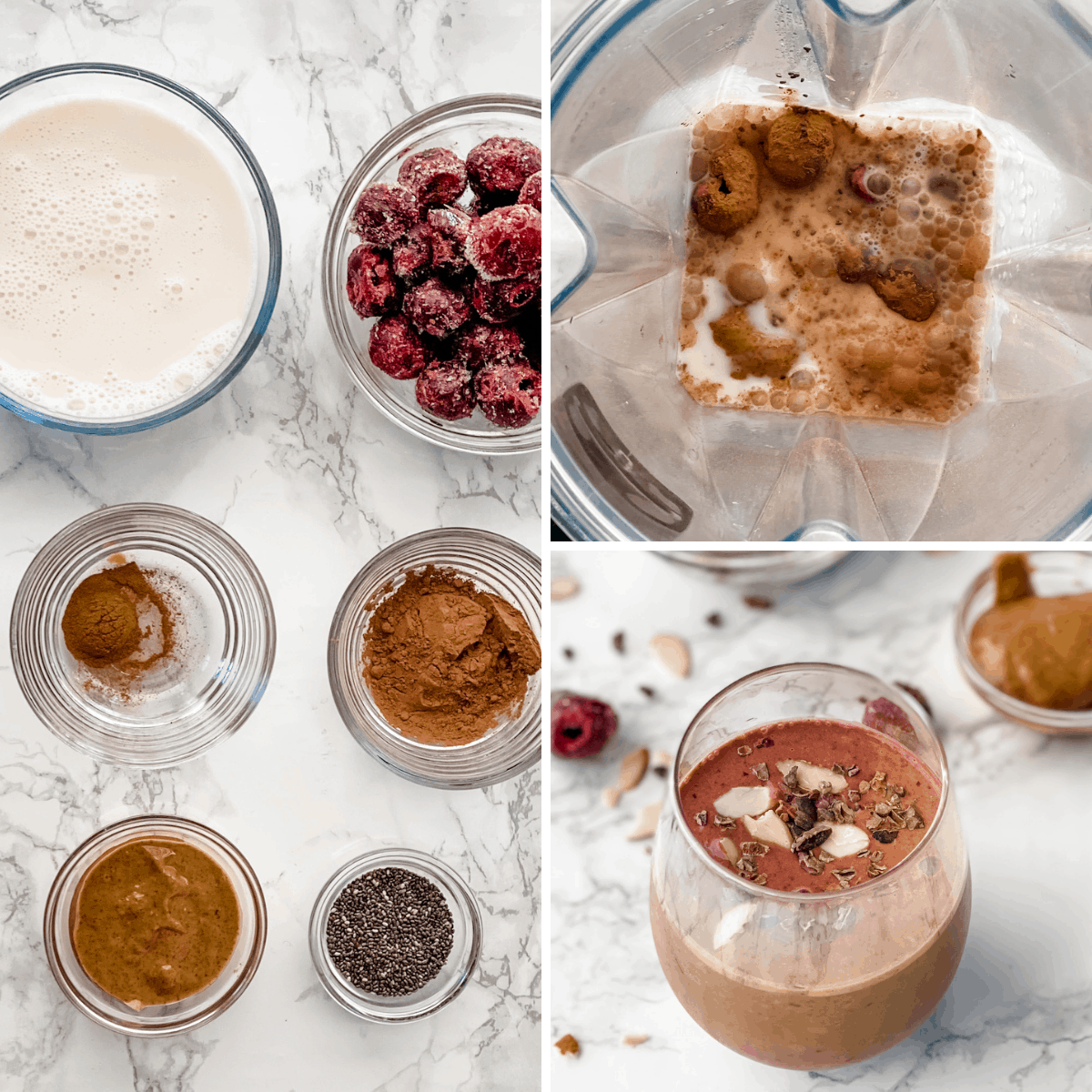 step by step collage to show you how to make a chocolate cherry smoothie