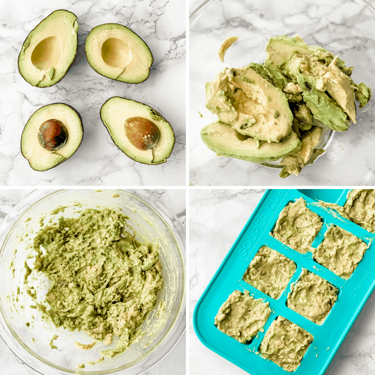 step by step how to freeze mashed avocado using silicone trays.