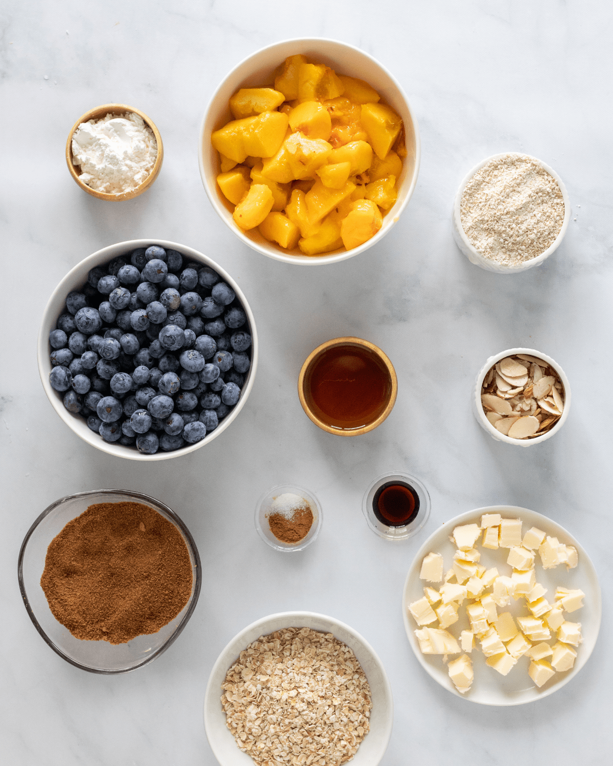 Ingredients to make blueberry peach crisp