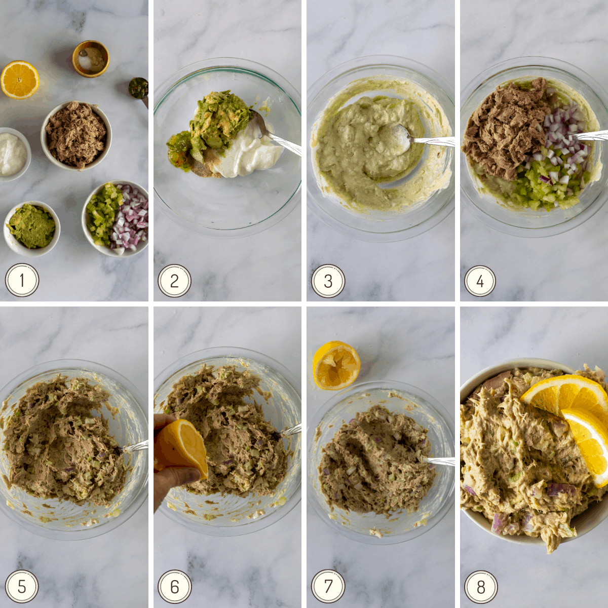 step by step collage showing how to make healthy tuna salad.