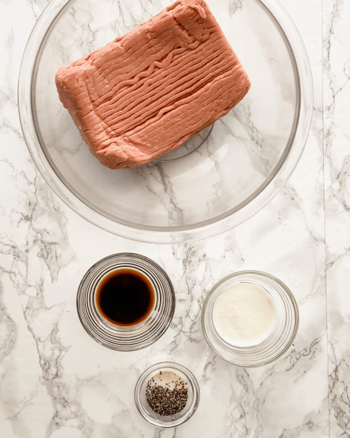 The ingredients for ground turkey burger Pattis. Ground turkey, seasonings, cream, and Worcestershire sauce