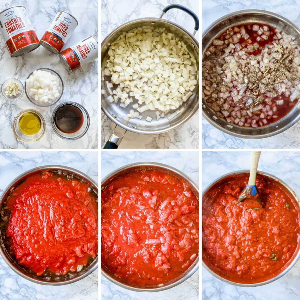 step by step collage showing how to make marinara sauce