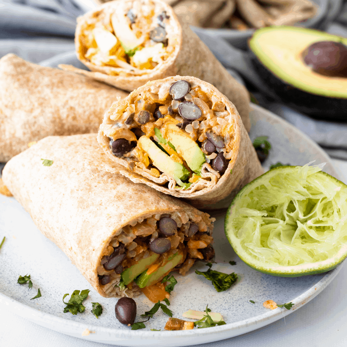 Vegetarian burrito with black beans and rice.