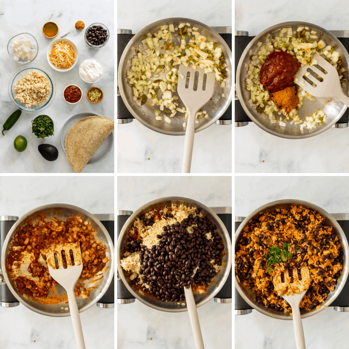 step by step collage showing you how to make the filling for vegetarian burritos.