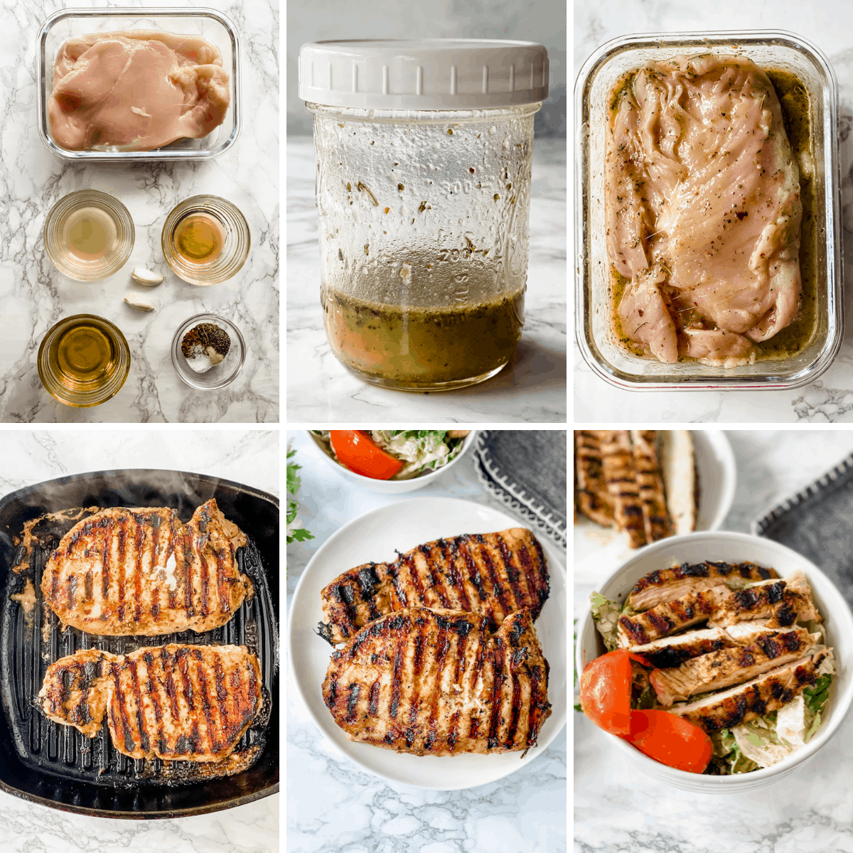 step by step collage showing you exactly how to make italian chicken marinade and how to grill the chicken breasts.