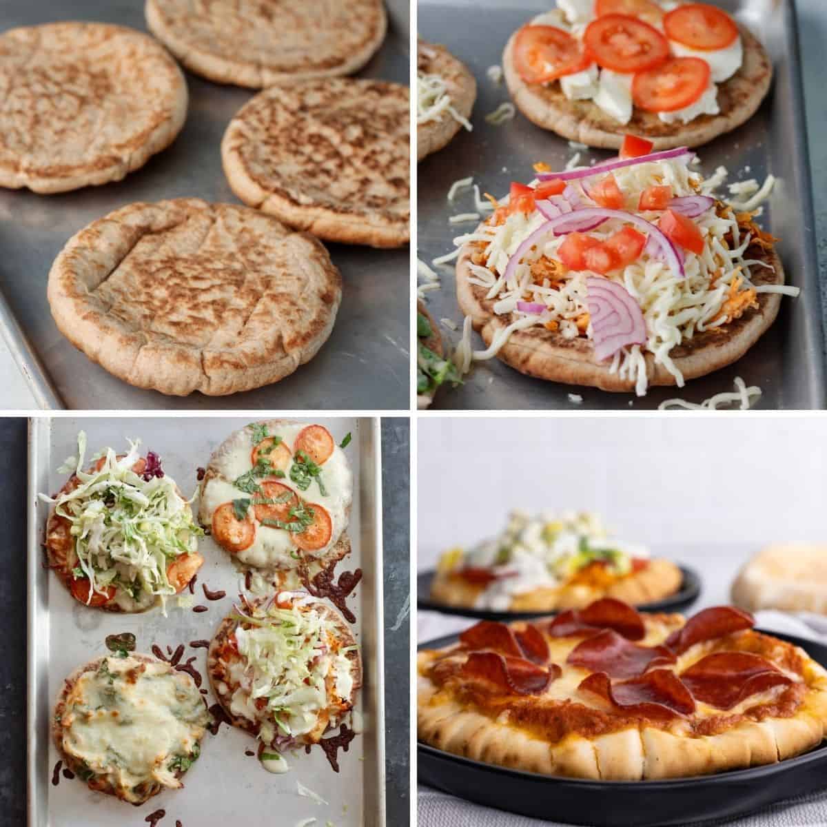 step by step collage showing you how to make pita pizza.