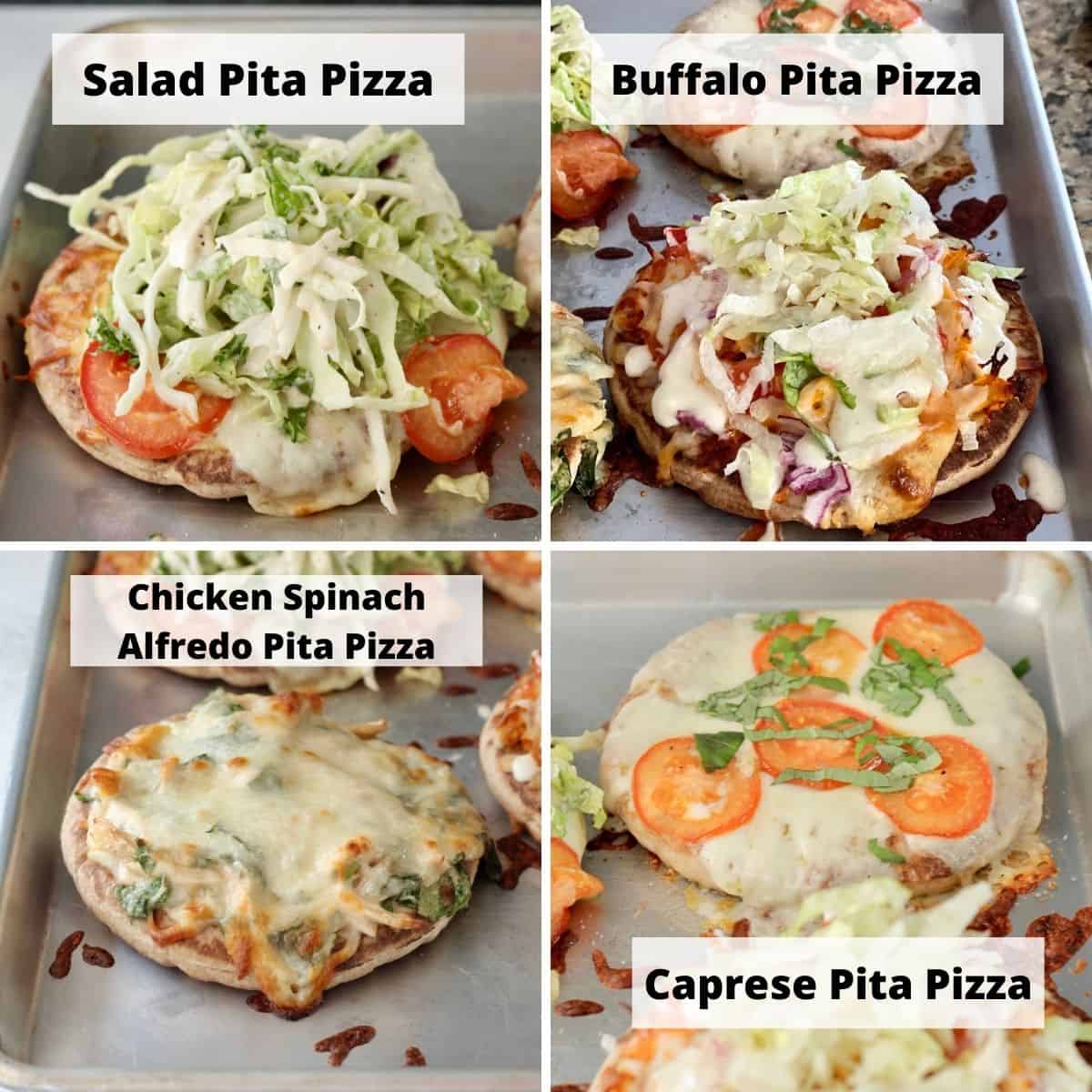 Other pita pizza variations to try. Picture collage of salad pita pizza, buffalo pita pizza, chicken spinach Alfredo pita pizza, and capers pita pizza.