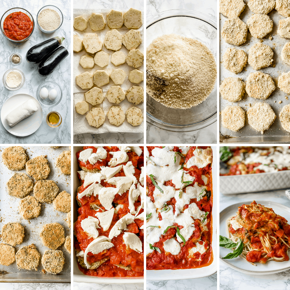 step by step collage showing how to make baked Eggplant Parmesan.