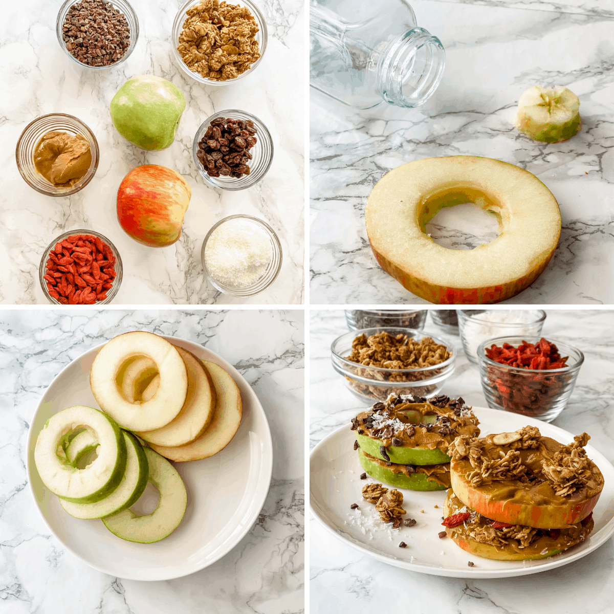 step by step collage showing you how to make a healthy apple sandwich.