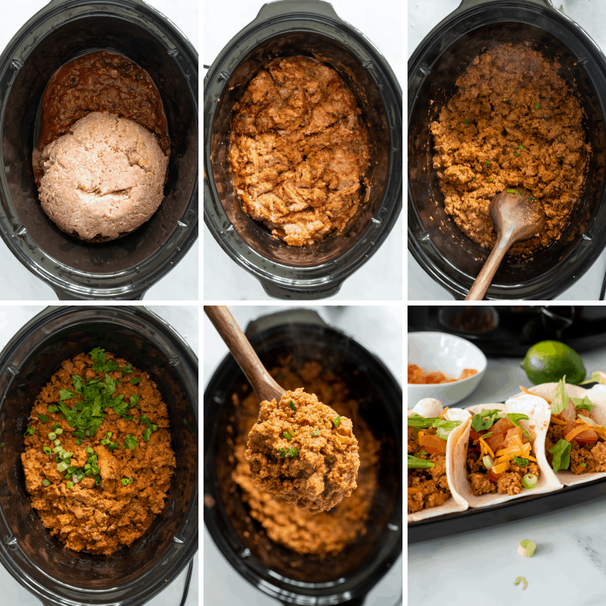 another collage showing the last steps for making crockpot turkey tacos.