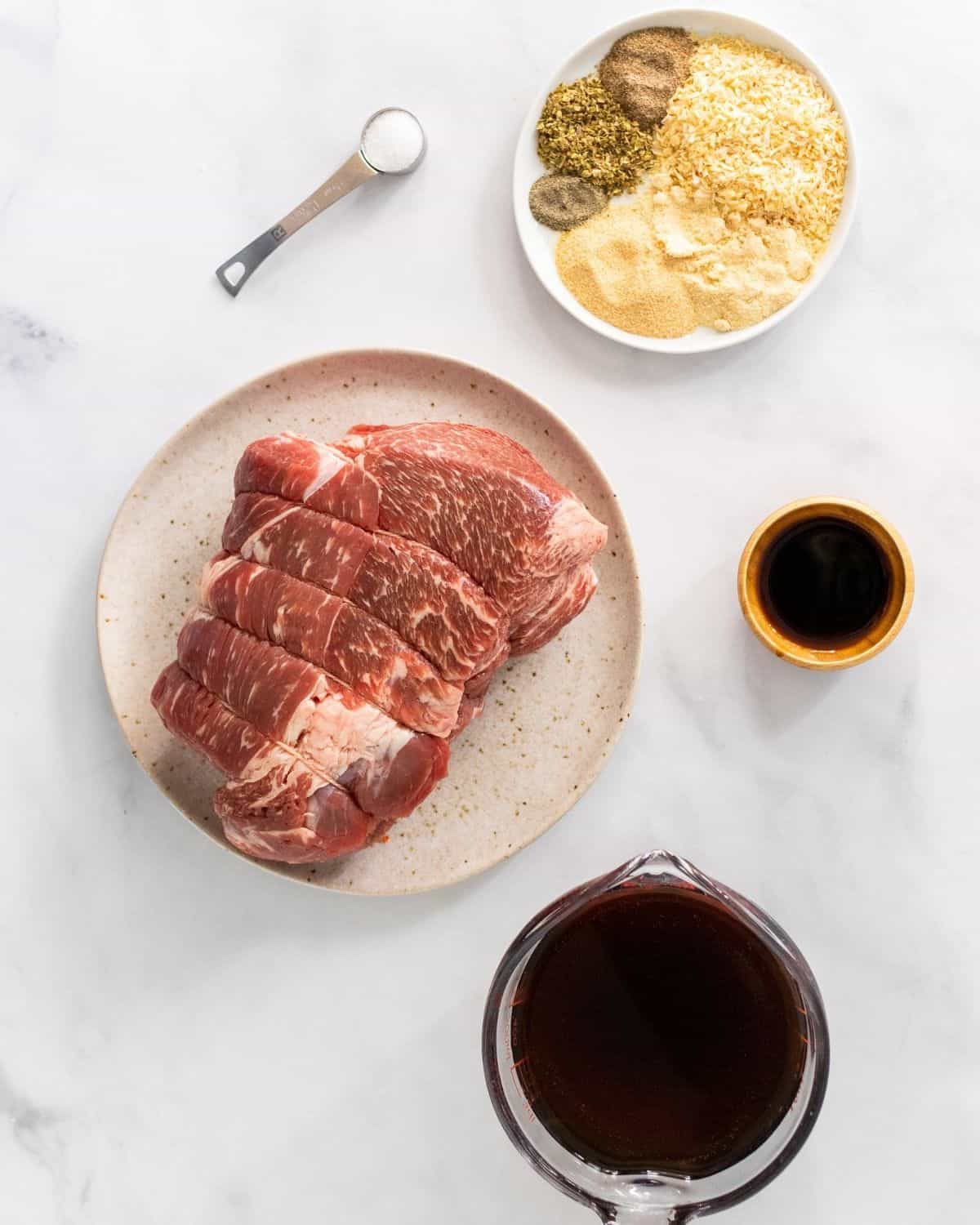 The ingredients to make slow cooker pot roast with homemade onion soup mix