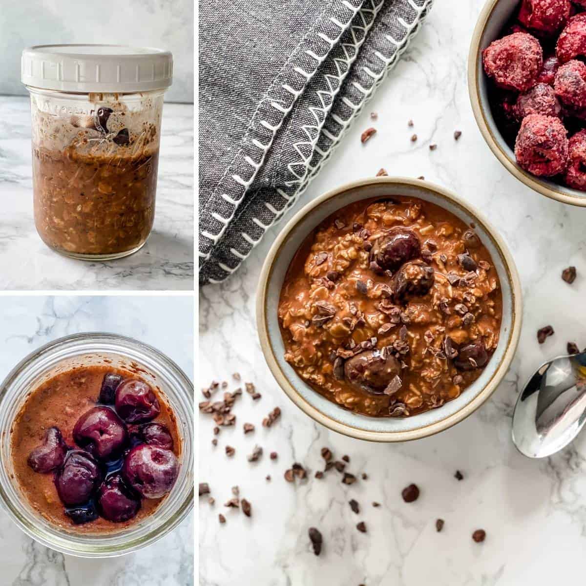 step by step collage showing how to make Black Forest overnight oats