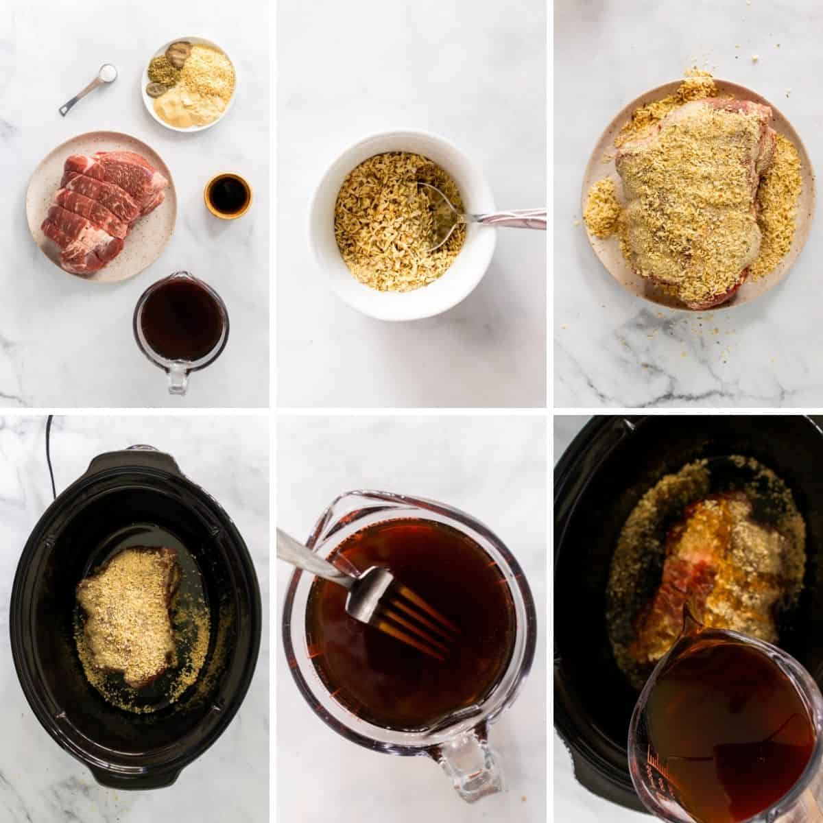 step by step collage showing how to make slow cooker pot roast with onion soup mix.