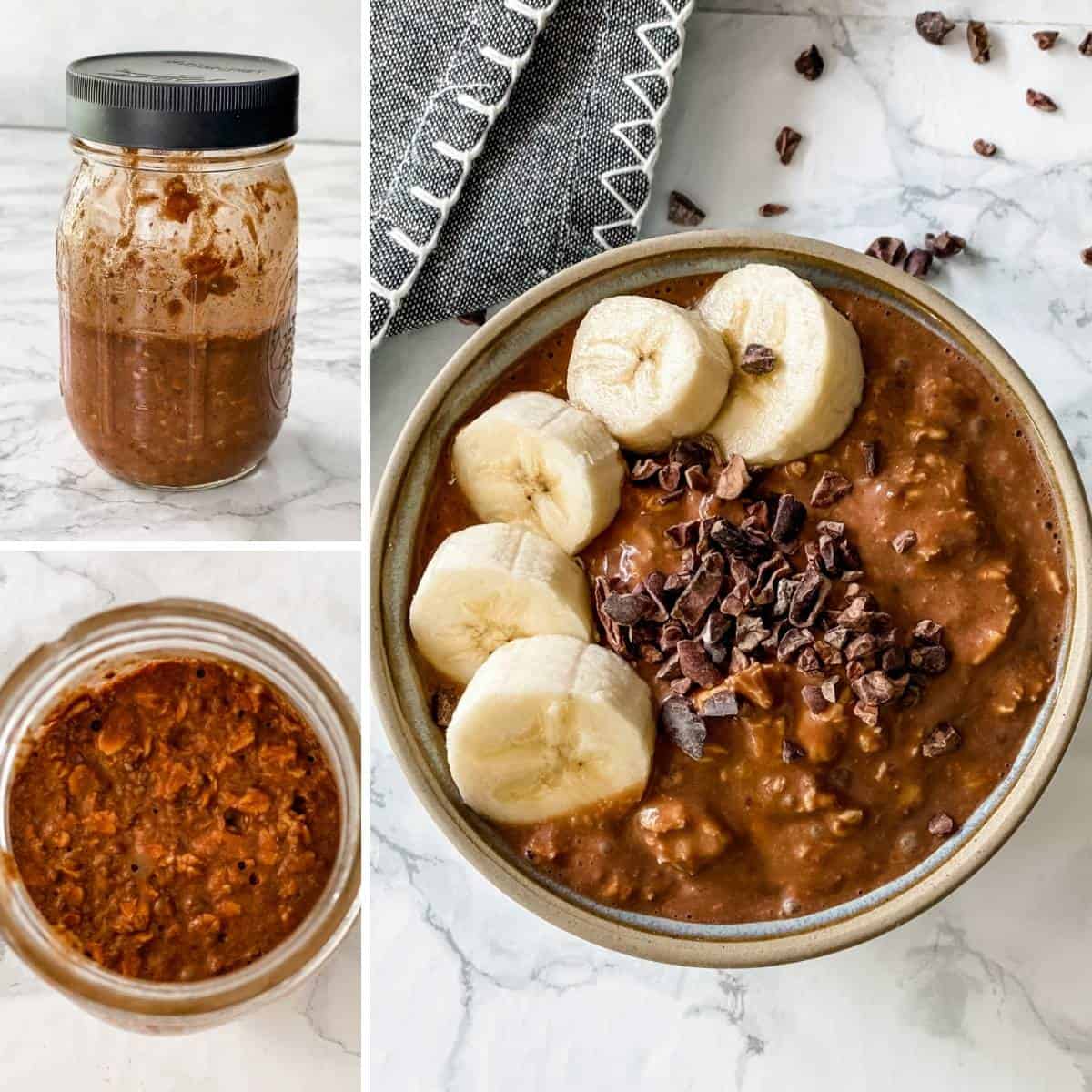 step by step collage showing how to make chocolate banana overnight oats