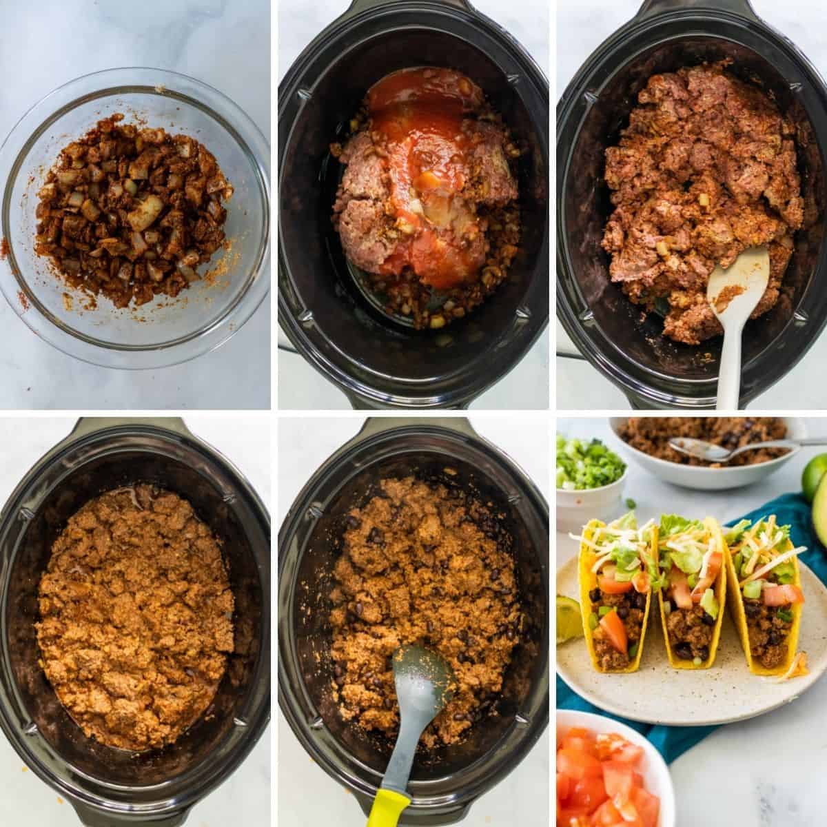 step by step collage showing you how to finish the crockpot taco meat