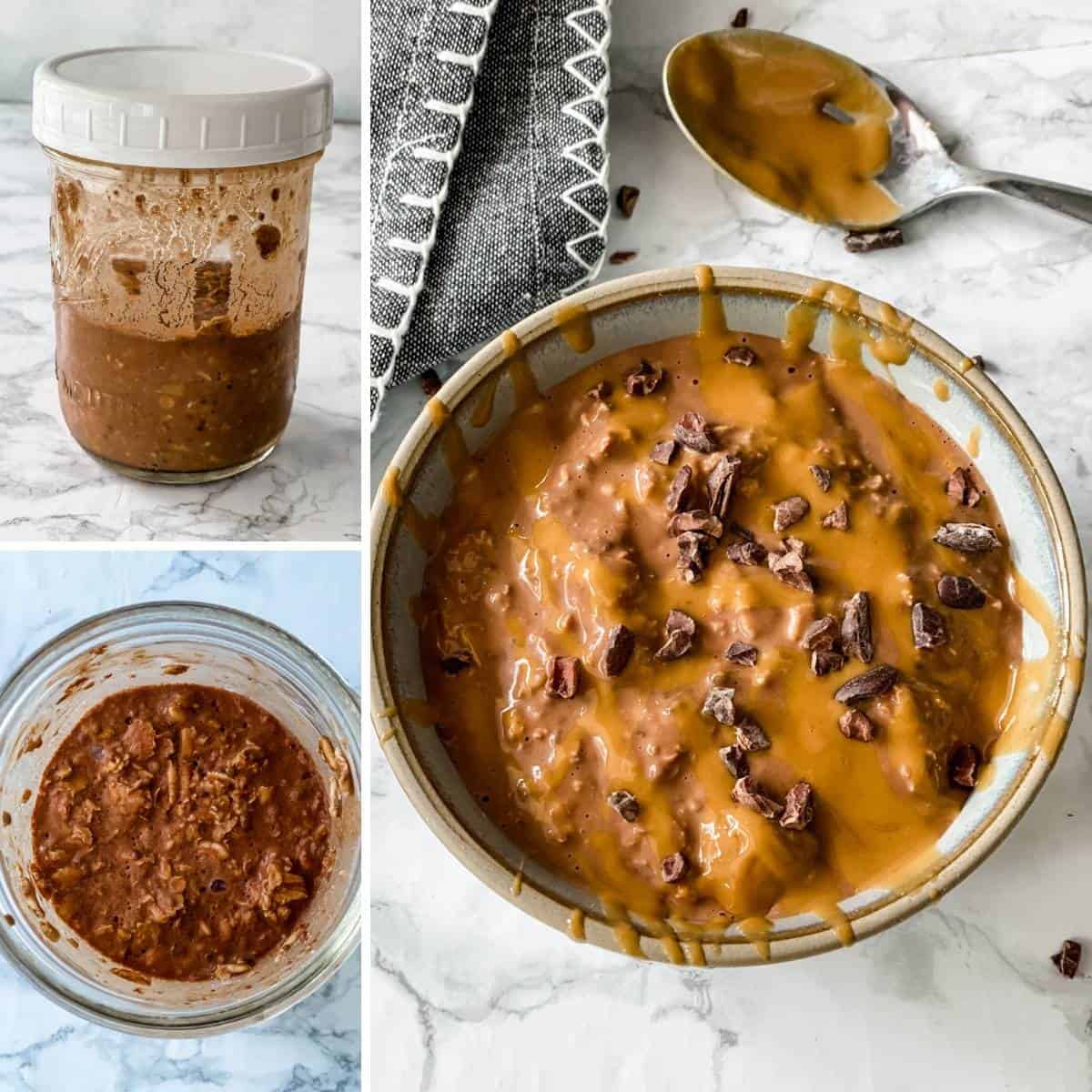 step by step collage showing how to make peanut butter chocolate overnight oats