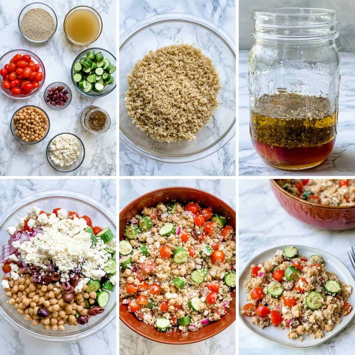 step by step collage showing how to make greek quinoa salad