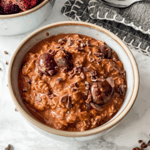 overhead close-up view of black forest overnight oats.