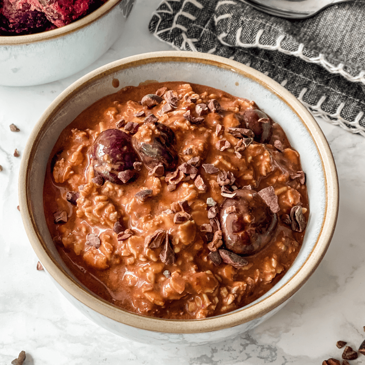 overhead view of black forest overnight oats