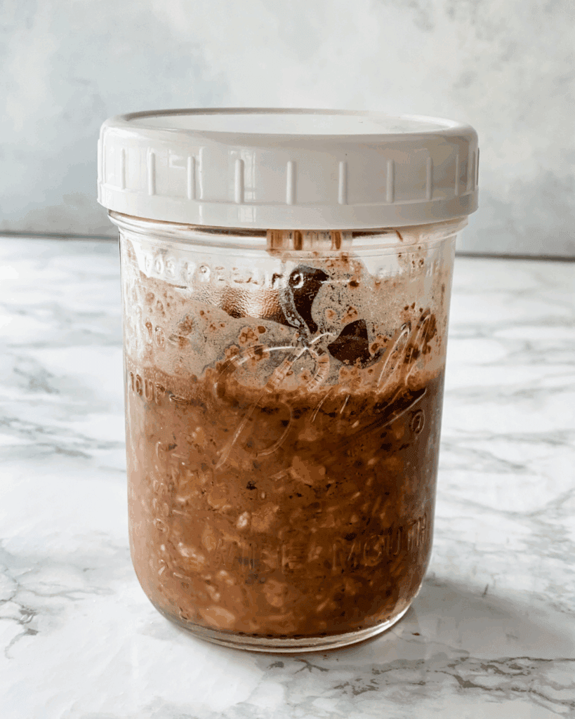 Front view of the chocolate chery overnight oats in a jar.