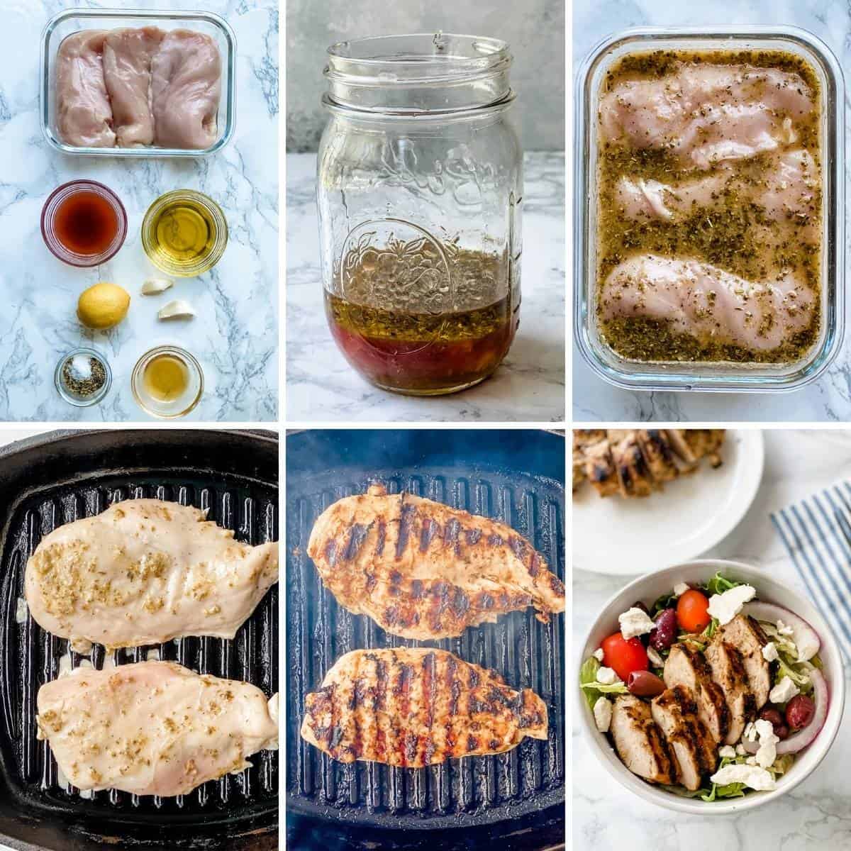 step by step collage showing how to make greek chicken marinade and to grilling the chicken