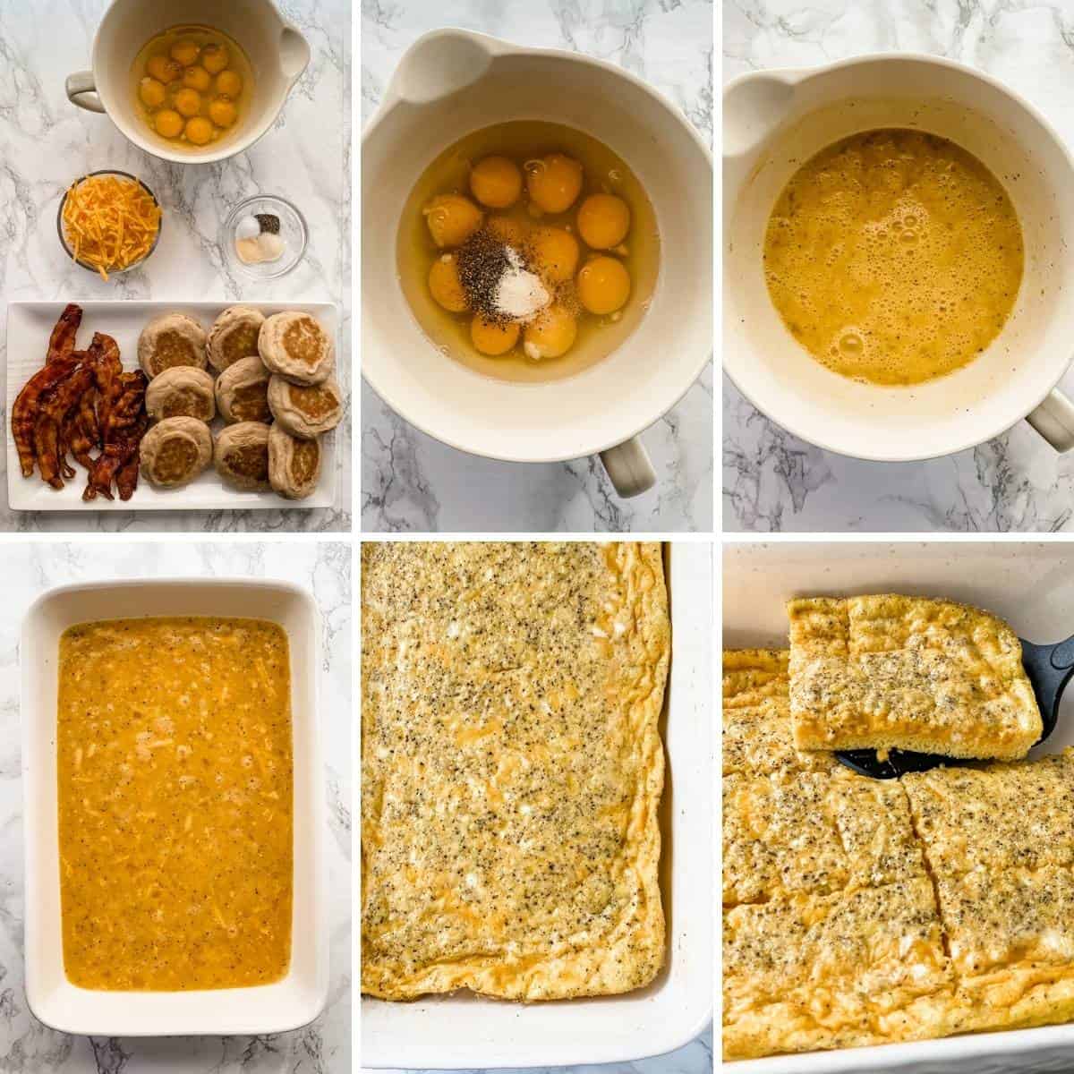 Collage showing the steps for making frozen breakfast sandwiches