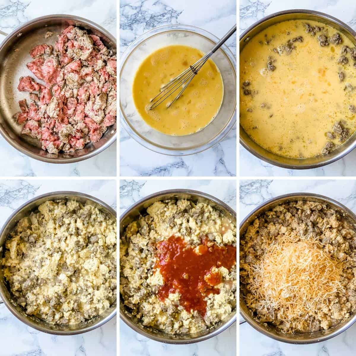 step by step collage showing how to make freezer breakfast burritos