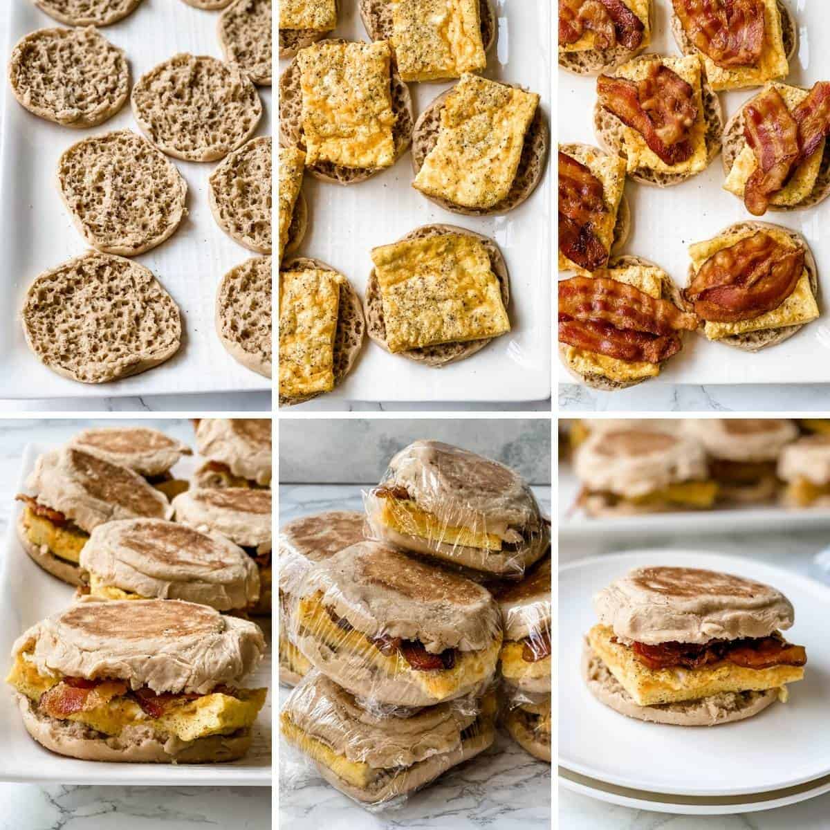 A collage showing the last steps for assembling the breakfast sandwiches for the freezer.