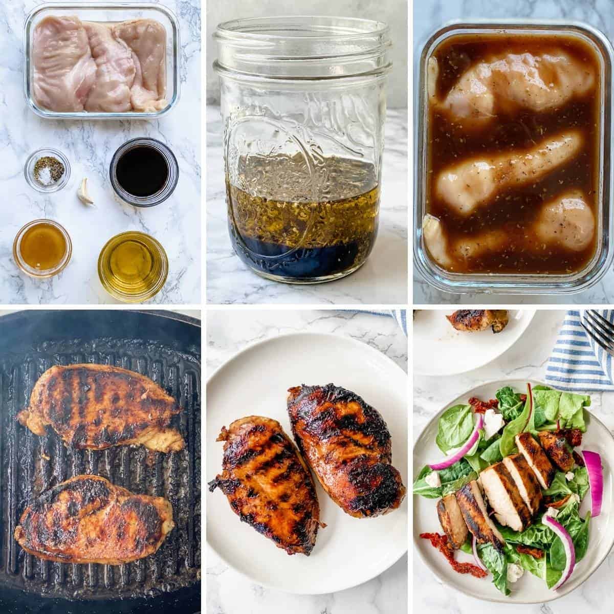 step by step collage showing how to put together balsamic chicken marinade and grill the chicken.