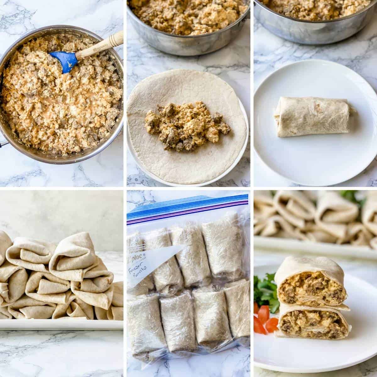 step by step photos on how to fill and roll and freeze a breakfast burrito.