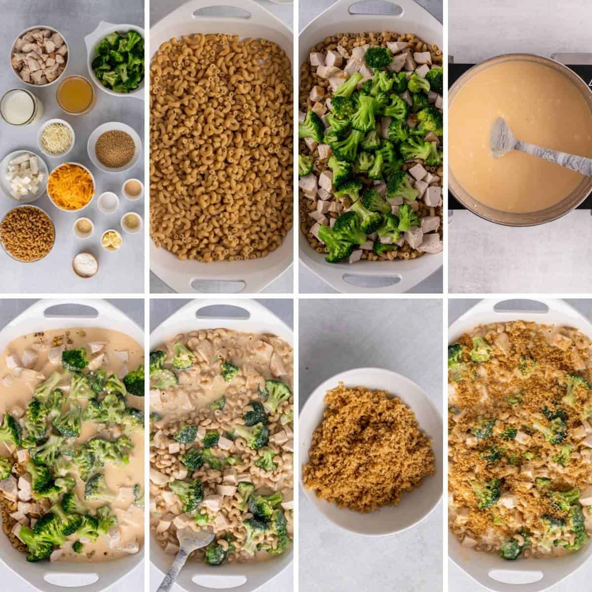 step by step collage showing how to assemble and bake a chicken broccoli casserole made with pasta