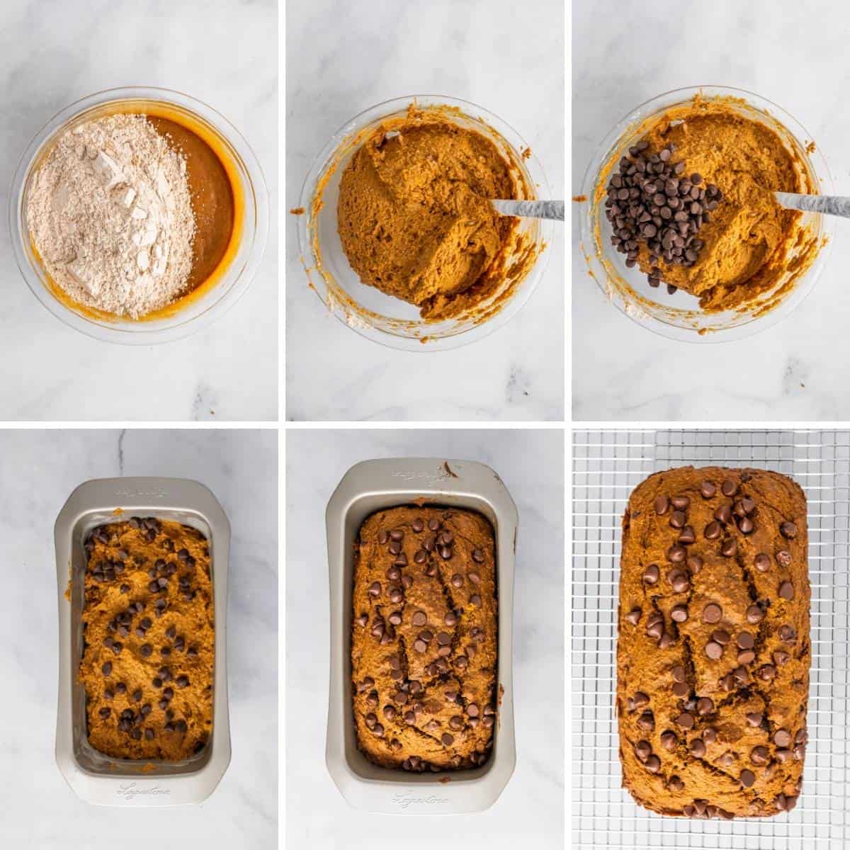 step by step collage showing the final steps for making this easy healthy pumpkin bread recipe