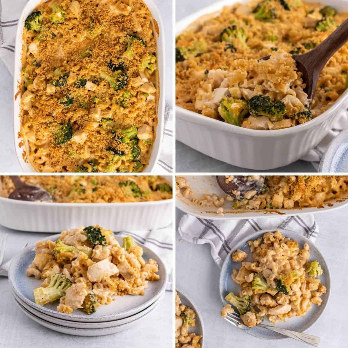 step by step collage showing the cooked results of the chicken broccoli pasta bake.