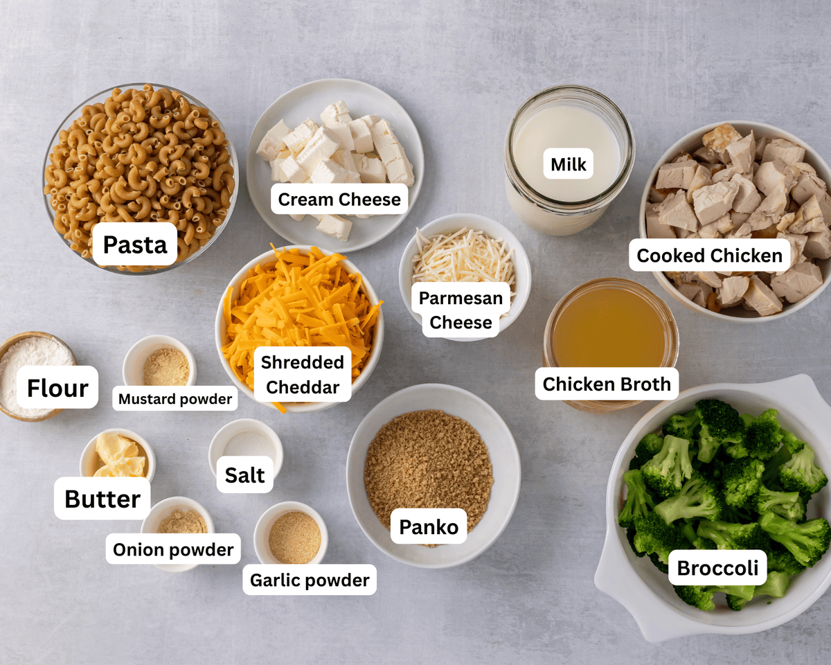 ingredients for chicken pasta broccoli bake.