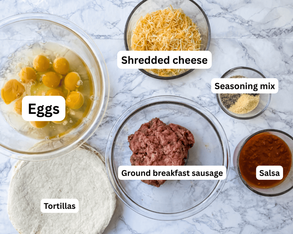 ingredients to make sausage and egg breakfast burritos.