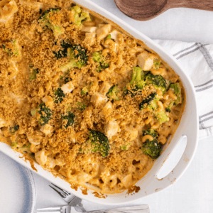 overhead picture of chicken broccoli casserole.