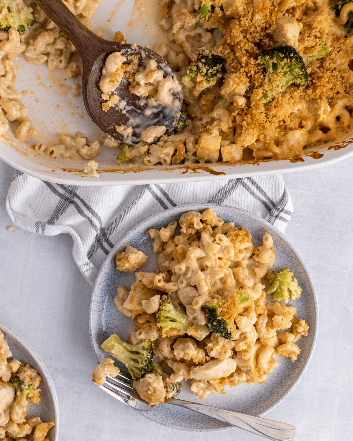 Overhead picture of chicken broccoli bake scopped out and on a plate.