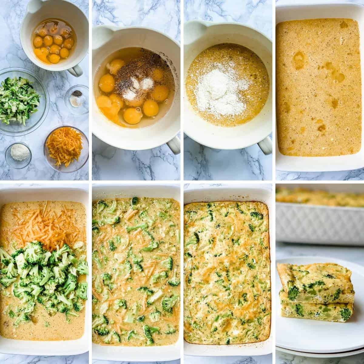 Step by step collage showing how to make a breakfast Broccoli Egg bake with cheese