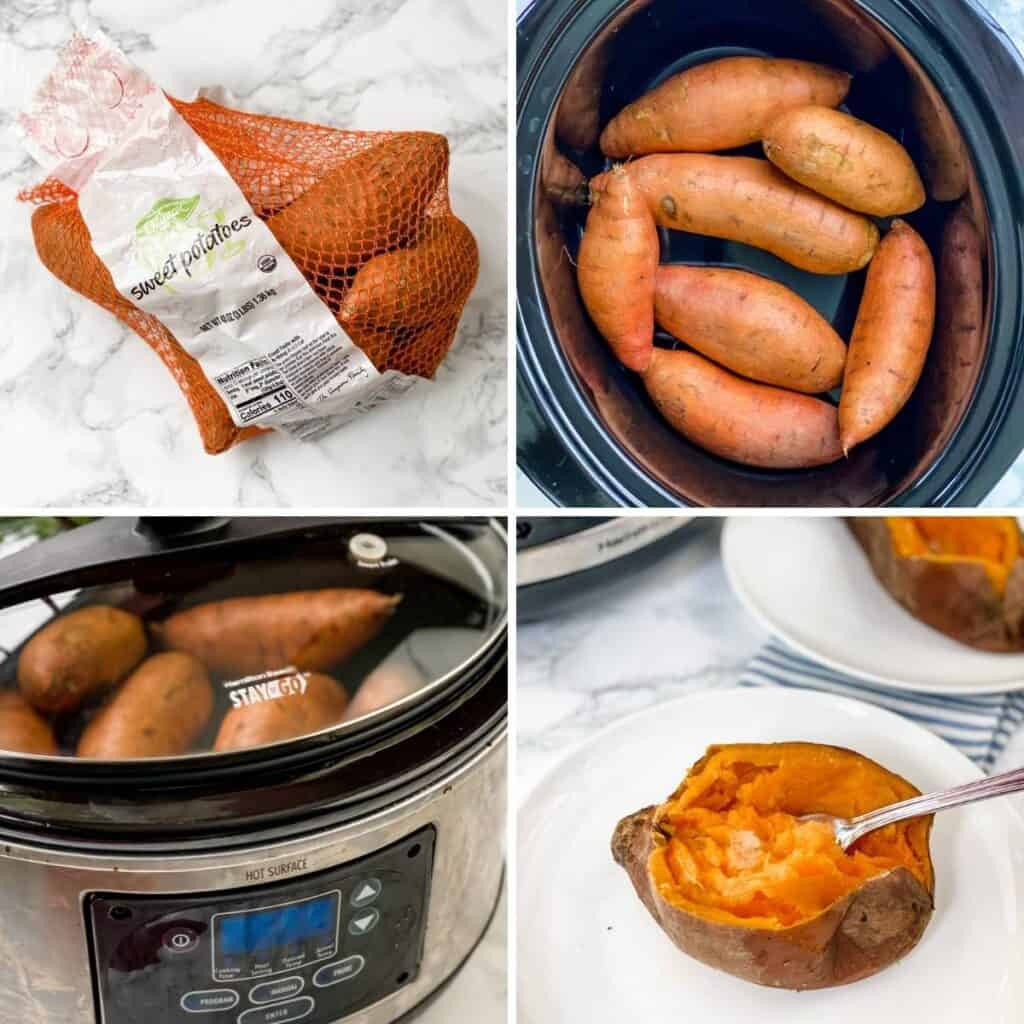 step by step collage showing how to make slow cooker sweet potatoes