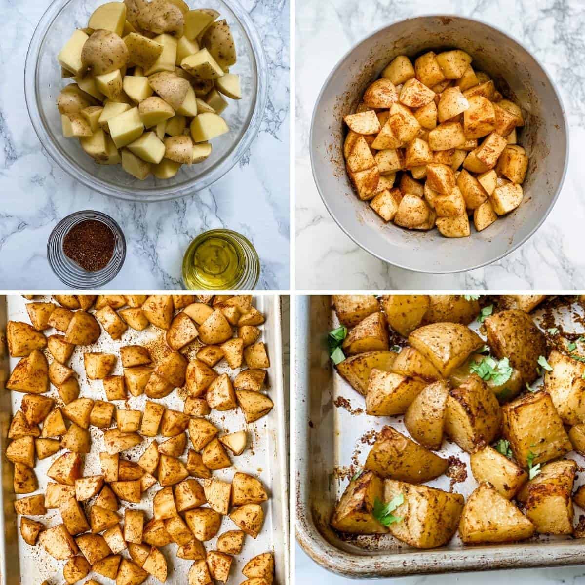 step by step collage showing how to make mexican potatoes