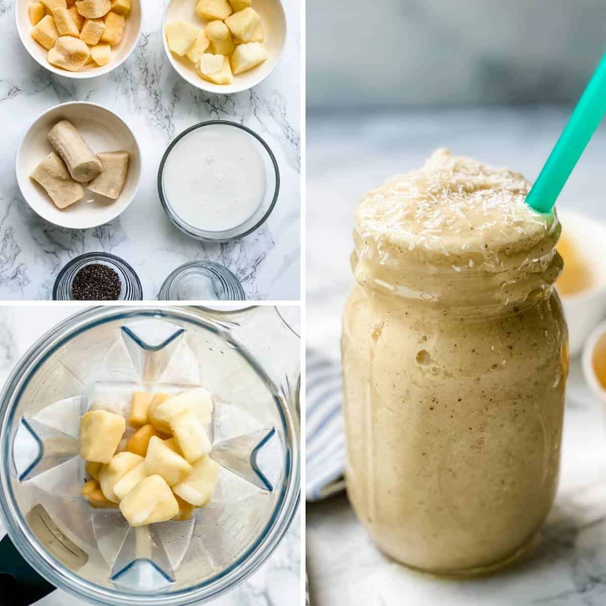 step by step collage showing how to make tropical smoothie recipe