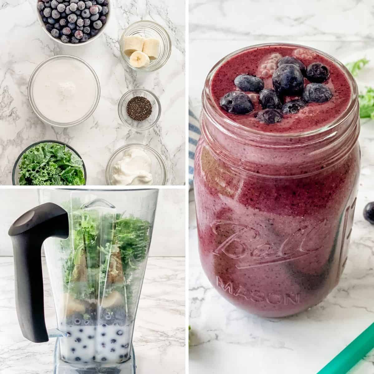 step by step collage for making a blueberry kale smoothie