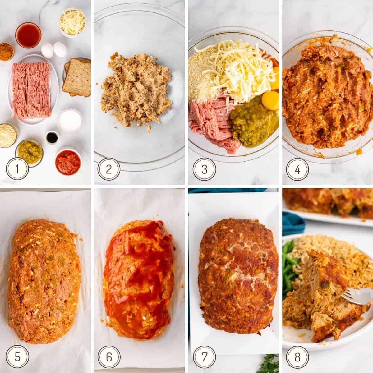 step by step collage showing how to make mexican meatloaf