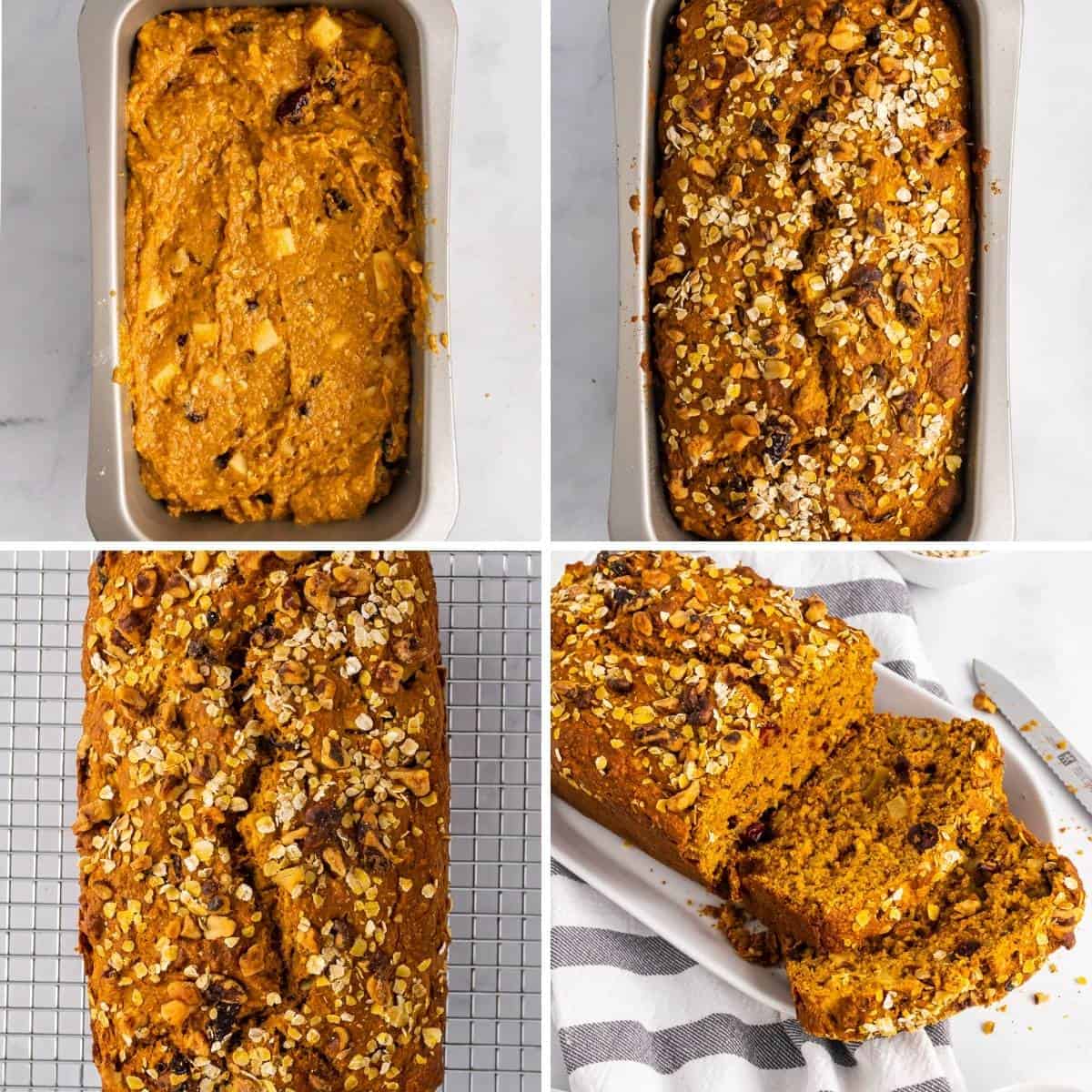 final four step collage showing how to make this apple pumpkin bread