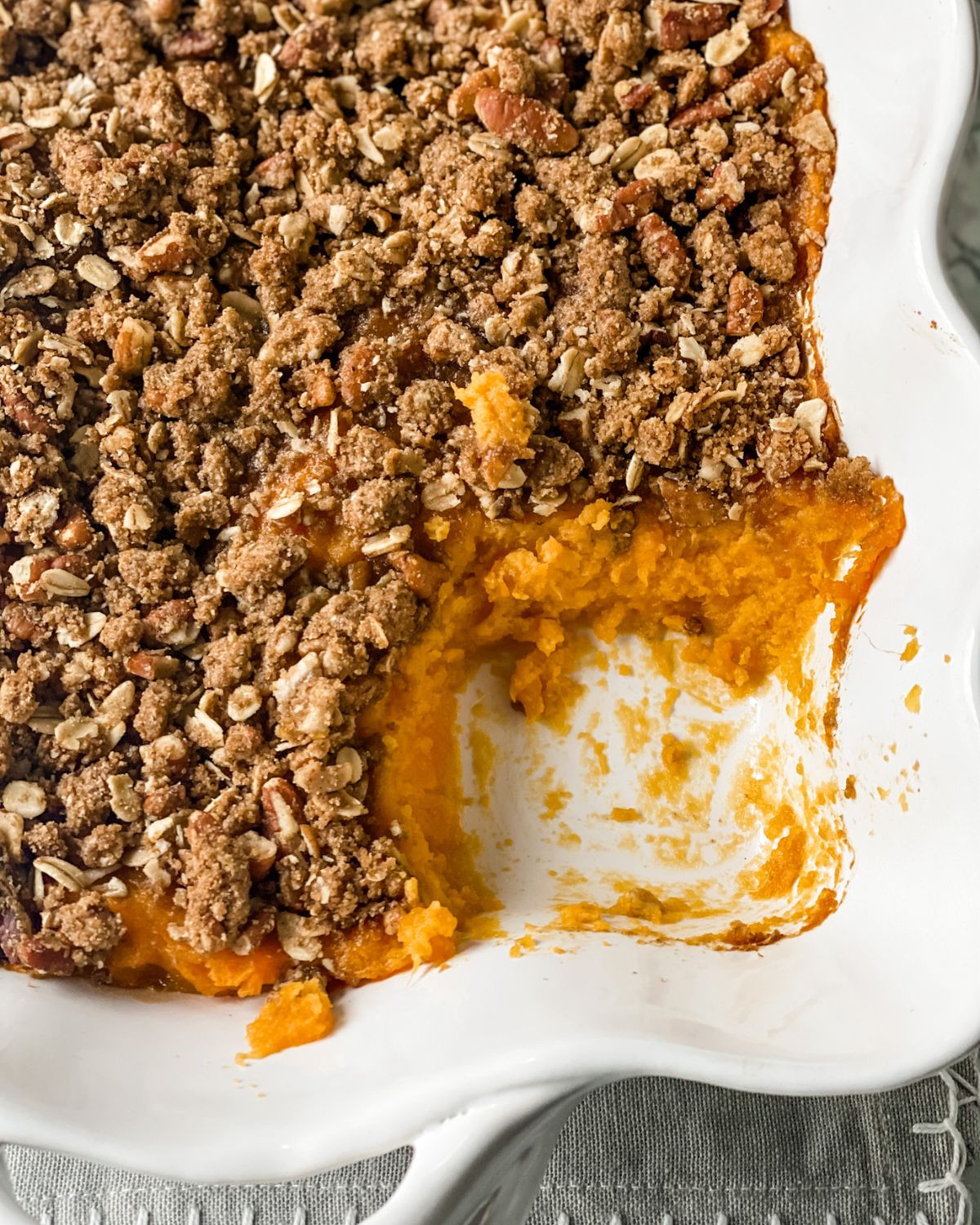 overhead view of healthy sweet potato casserole