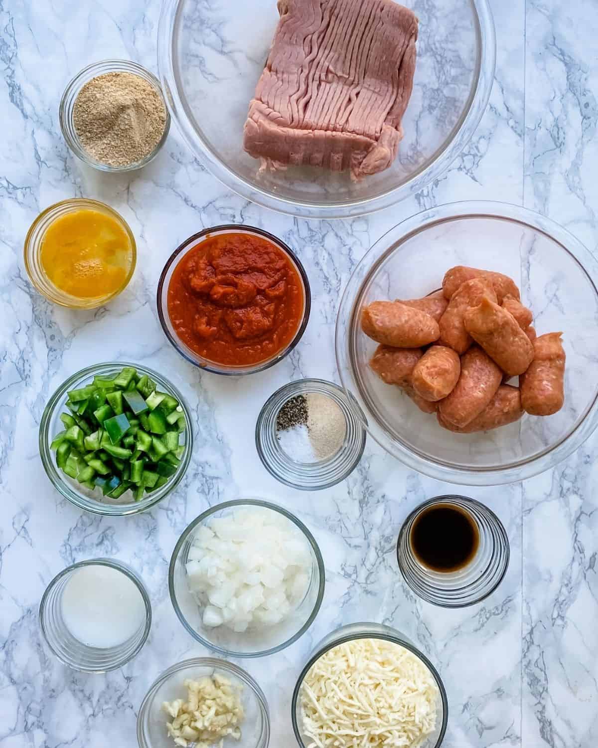 ingredients to make sausage meatloaf with ground turkey.