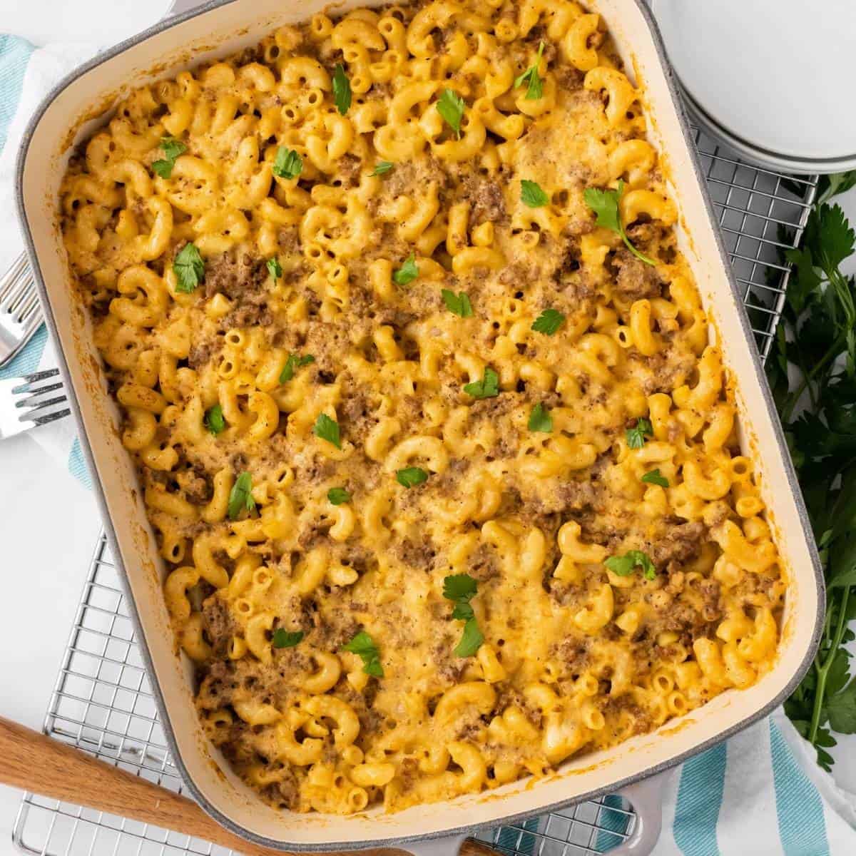 cheeseburger macaroni baked in the oven until hot and bubbly.